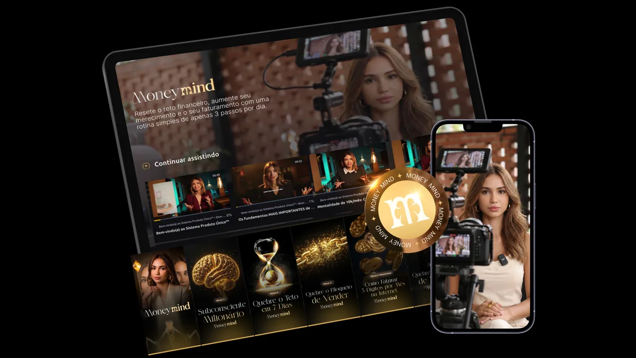 Plataforma do curso Money Mind em um tablet e em um celular, com o selo dourado do programa e as capas dos módulos