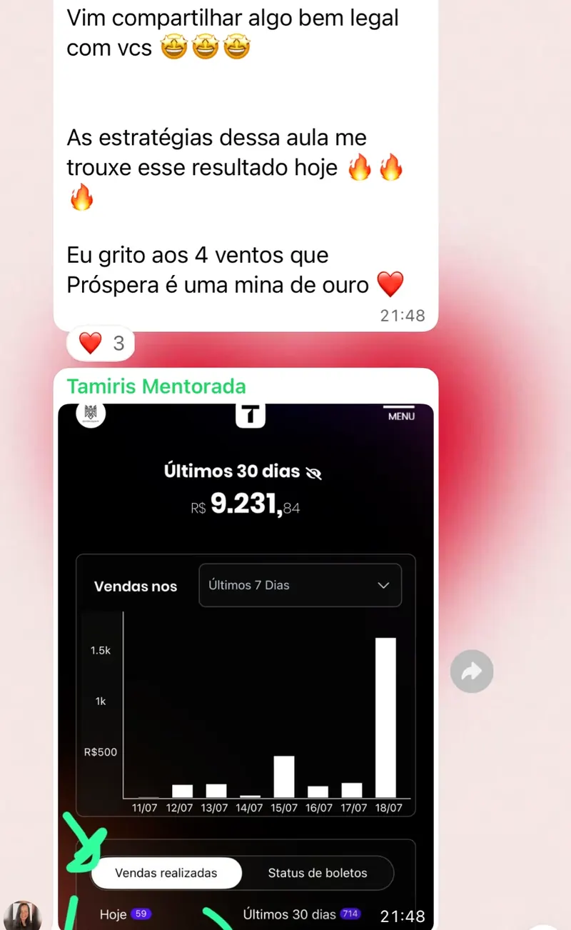Mensagem da Tamiris no grupo Prospera Club Networking contando que as estratégias de uma aula trouxeram o resultado dela, com print mostrando R$ 9.231,84 nos últimos 30 dias