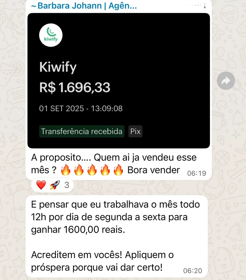 Bárbara mostra uma transferência recebida de R$ 1.696,33 e conta que antes trabalhava 12 horas por dia para ganhar 1.600 reais